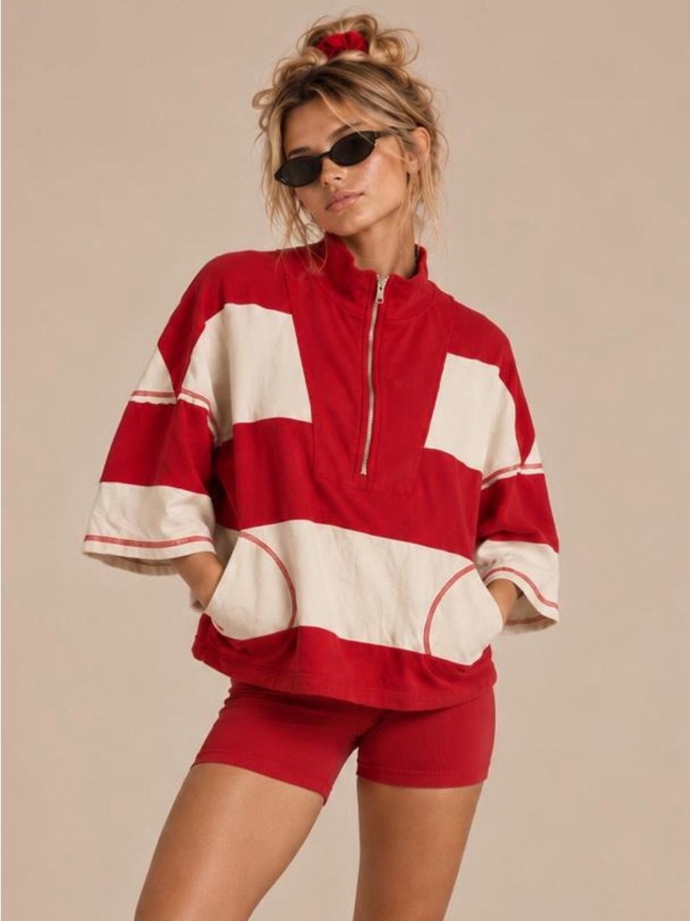 Red and White Half-Zip Pullover Top